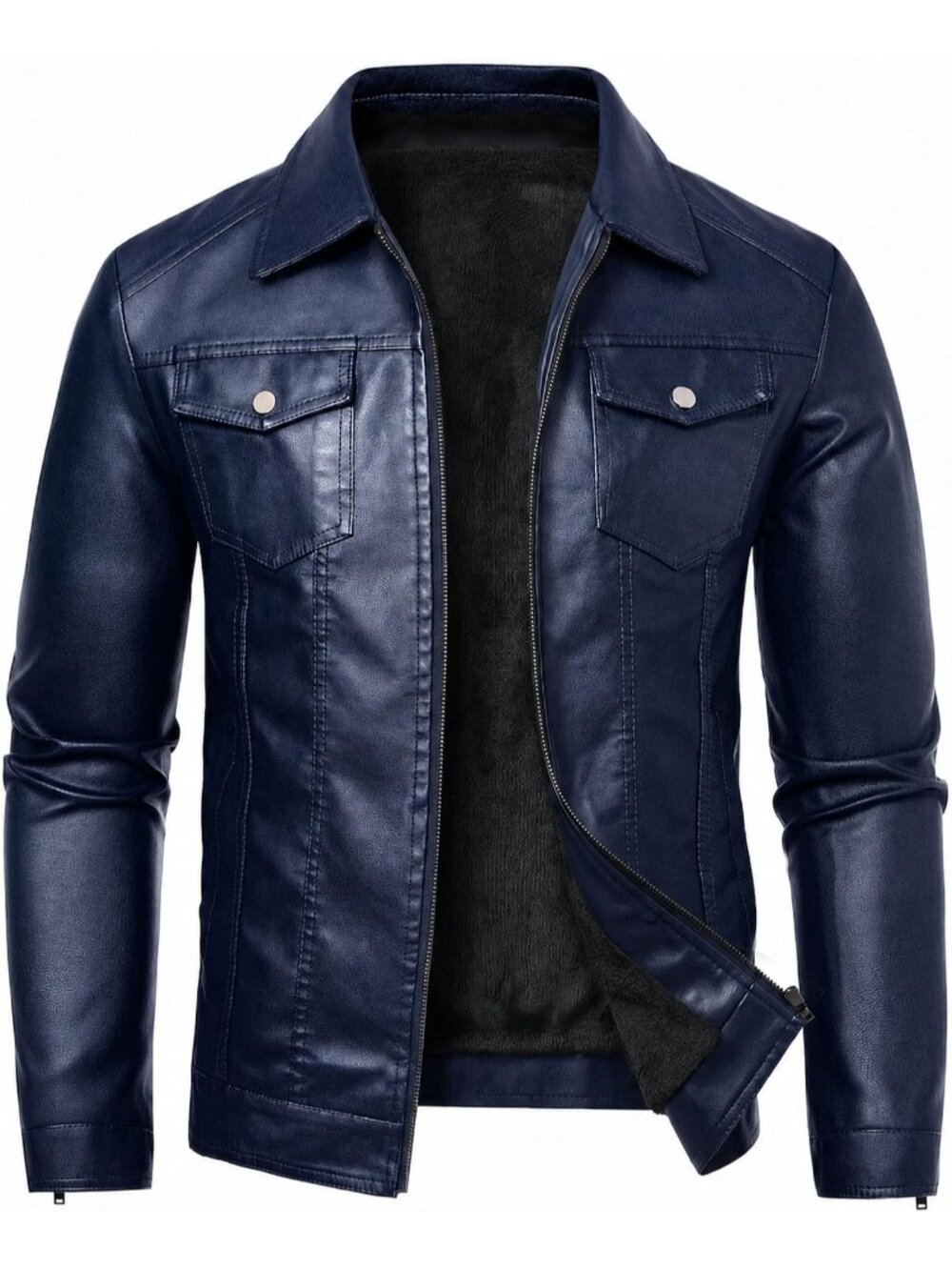 Men's Blue Faux Leather Two Side Hand Pockets Motorcycle Biker Jacket